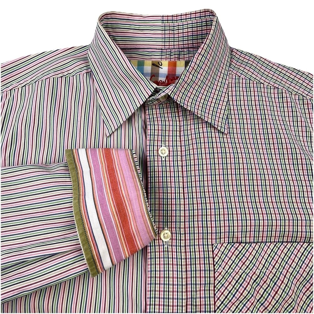 Robert Graham Shirt Men M Colorful Flip Cuff Half Stripe Half Plaid Designer